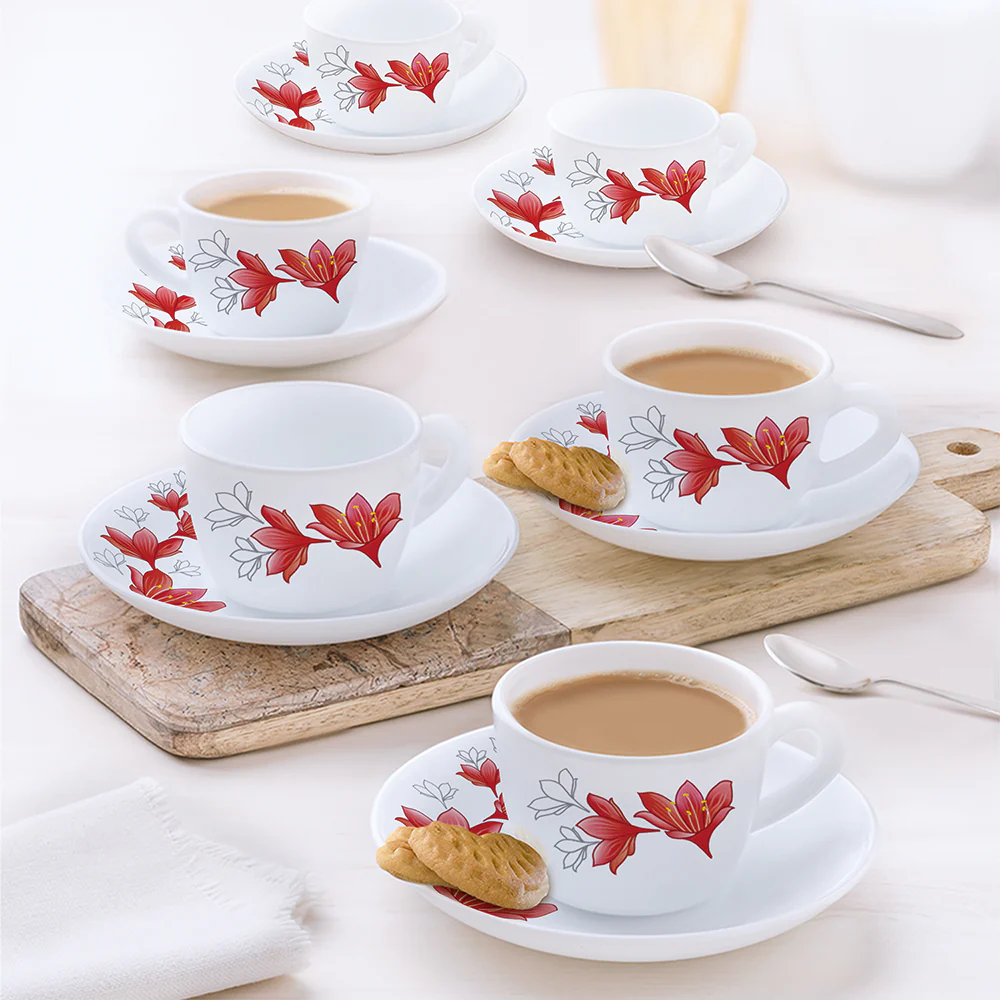 Larah by Borosil Ruby Cup n Saucer Set, 90ml x 12