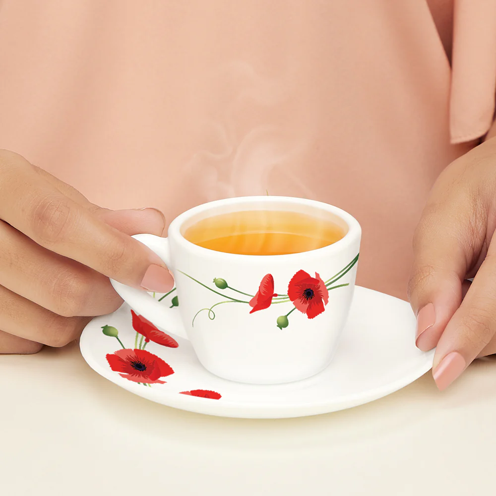 Larah by Borosil Red Carnation Cup n Saucer Set, 90ml x 12