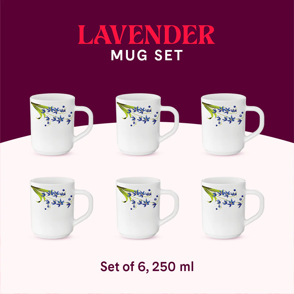 Larah by Borosil Lavender Mug Set, 240ml x 6