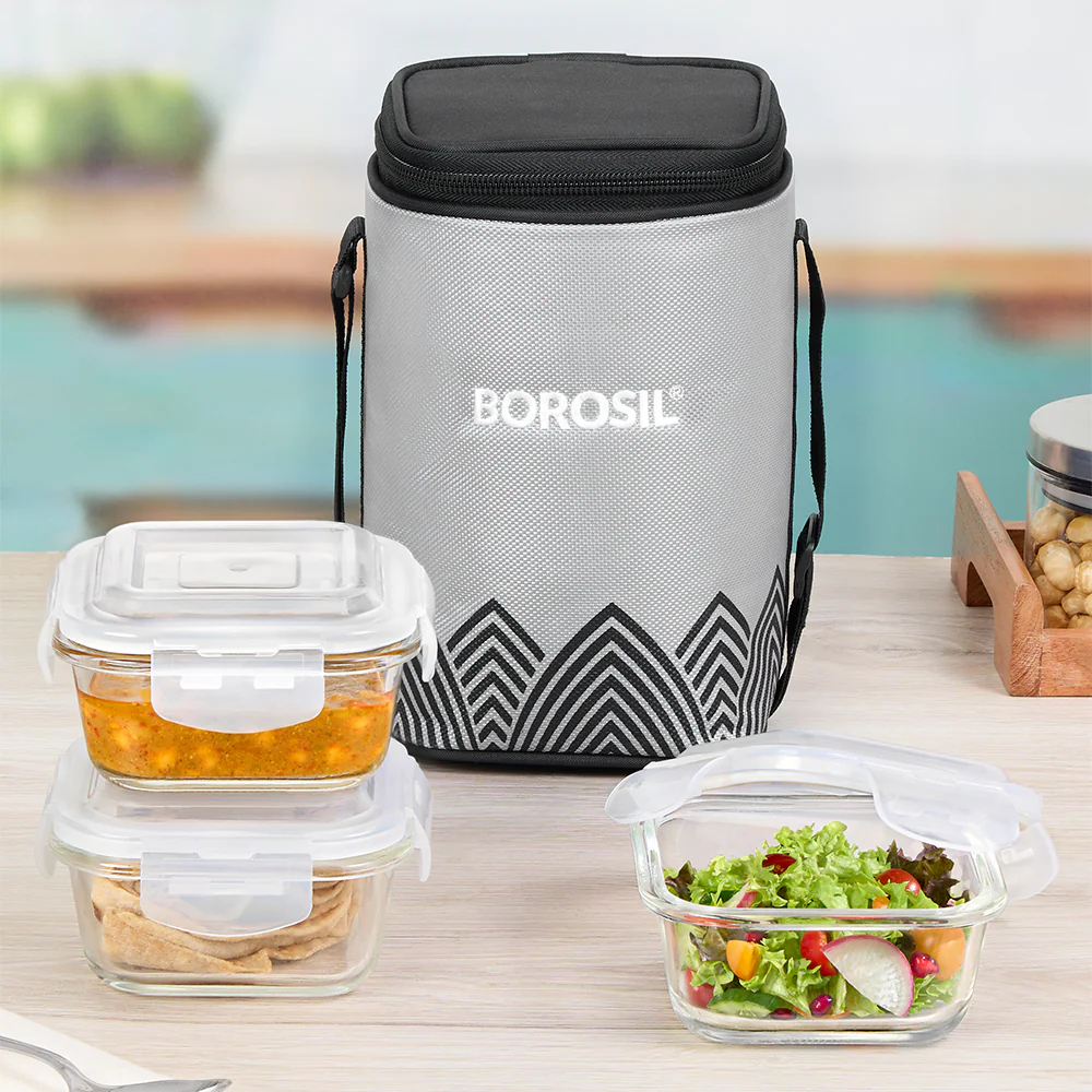Borosil Mealbox Grey Glass Lunchbox, Square x 3, 320ml x 3