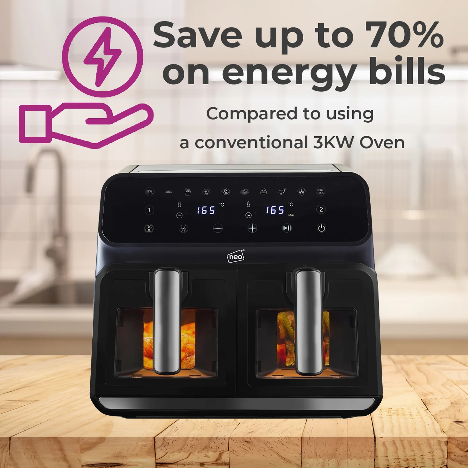 Neo Electric Digital Air Fryer Black 8.5L with Dual Drawer & Glass Viewing Window