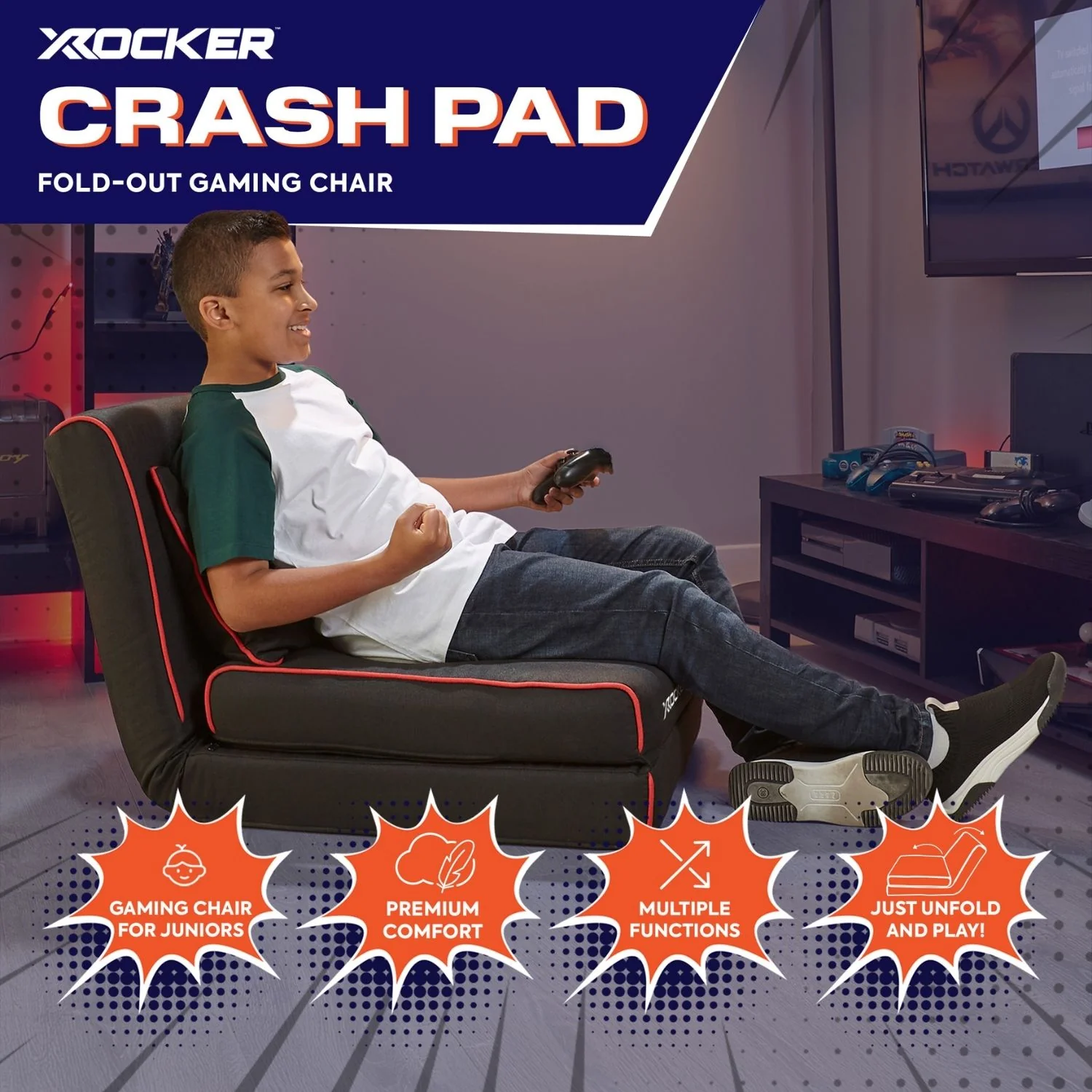 Crash Pad Jr Foldable Z Bed Mattress and Gaming Chair - Black
