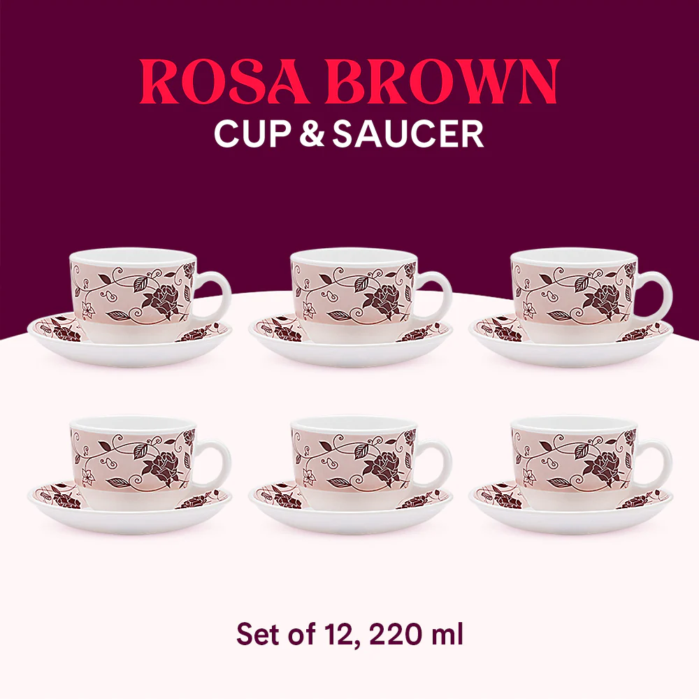 Larah by Borosil Rosa Brown Cup n Saucer Set, 220ml x 12