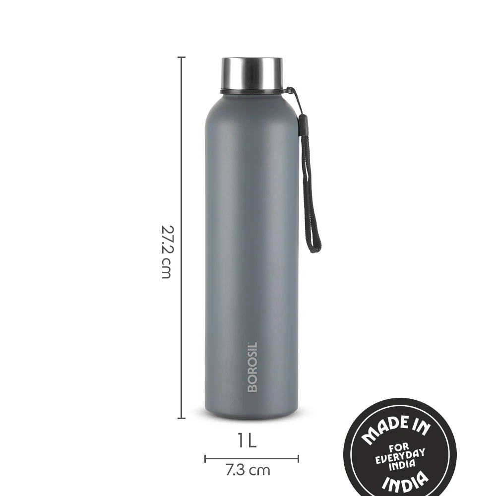 Borosil Laguna SS Bottle, Grey, 1 L