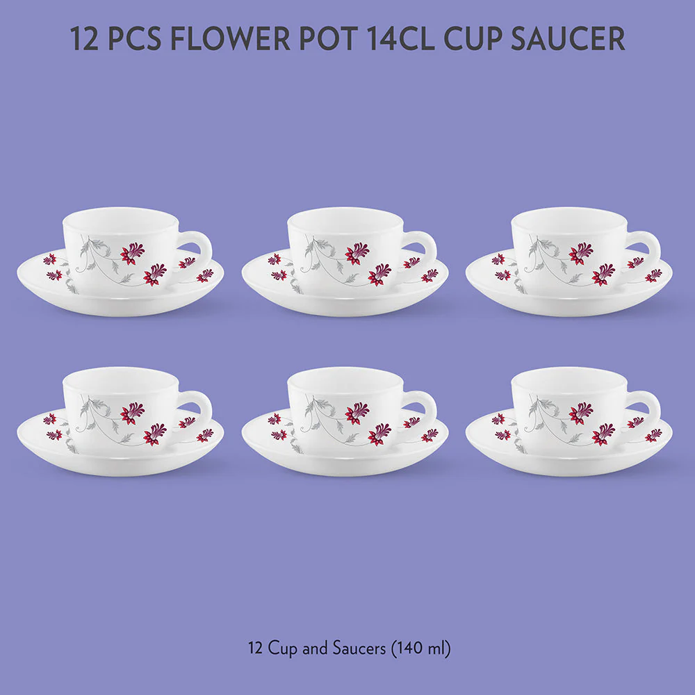 Larah by Borosil Flower Pot Cup n Saucer Set, 140ml x 12