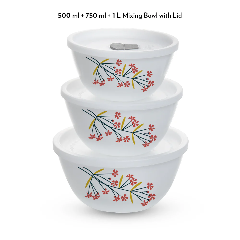 Larah by Borosil Red Bud 4 pc Mixing Bowl, 1 L + 750 ml + 500 ml