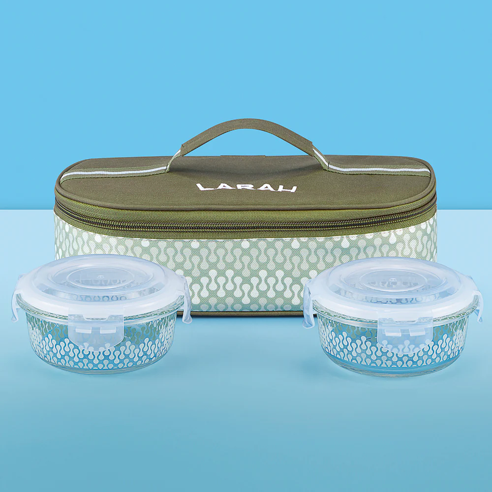 Larah Gracia Glass Lunchbox, Round x 2 (Flat), 400ml x 2