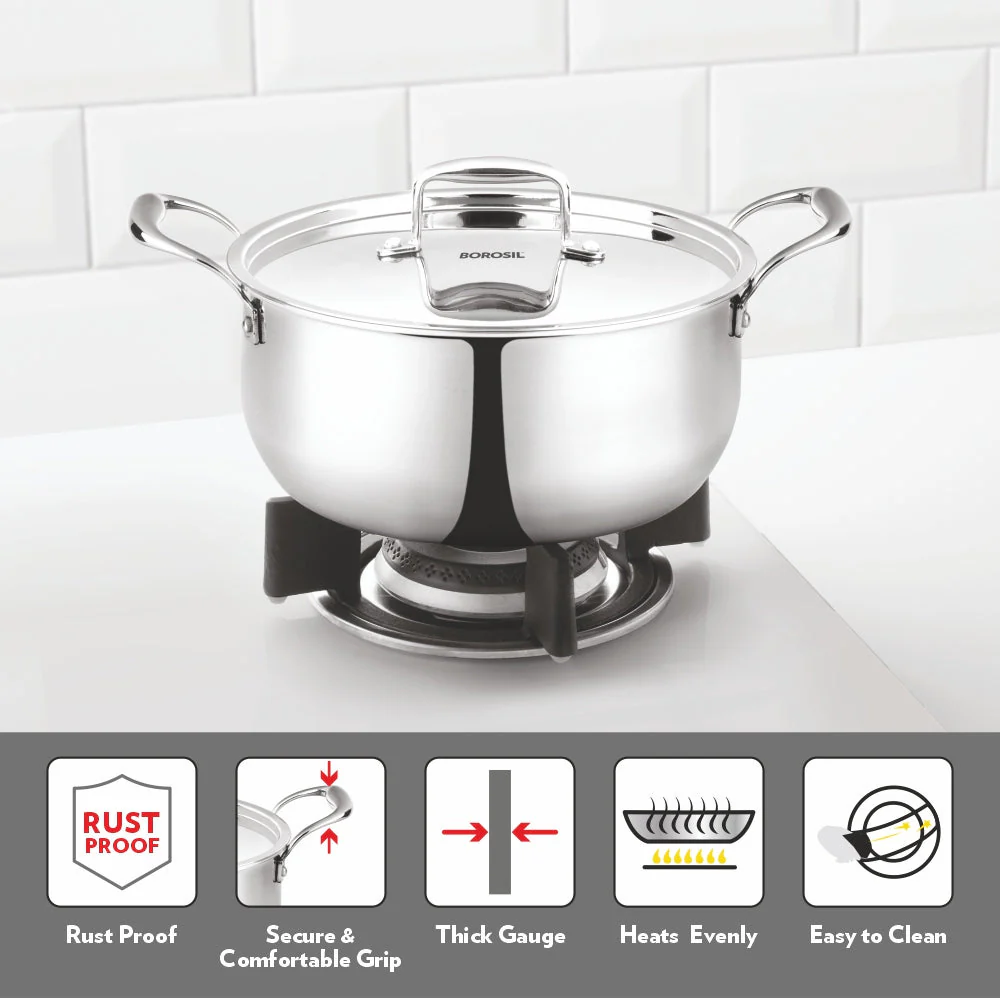 Borosil Cookfresh Triply Casserole (Steel Handle + Lid), 2.8L