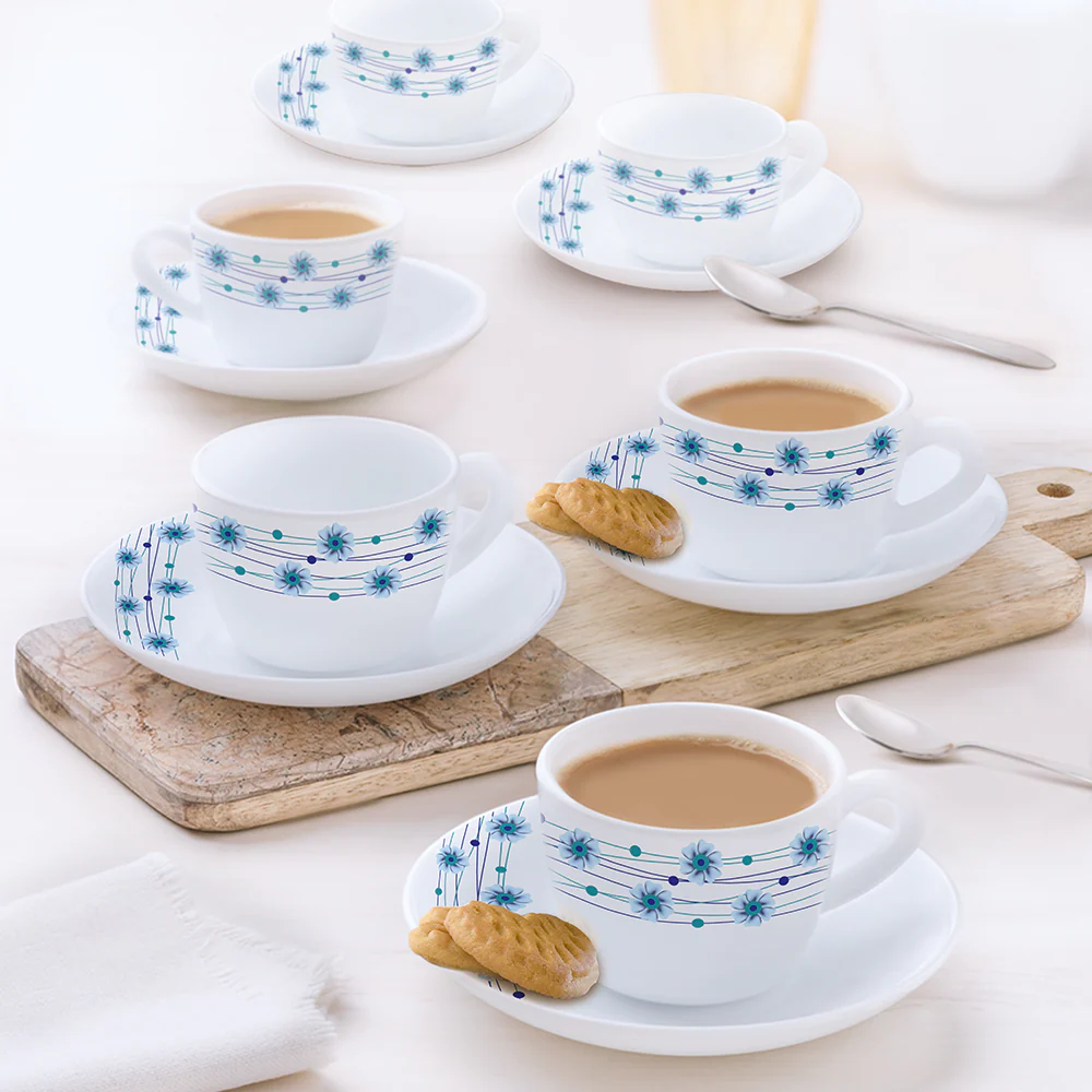 Larah by Borosil Bluebell Cup n Saucer Set, 140ml x 12