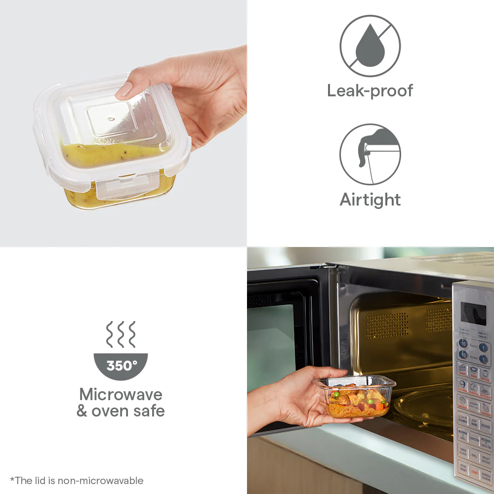 Borosil Blue Glass Lunchbox, Square x 3, 320ml x 3