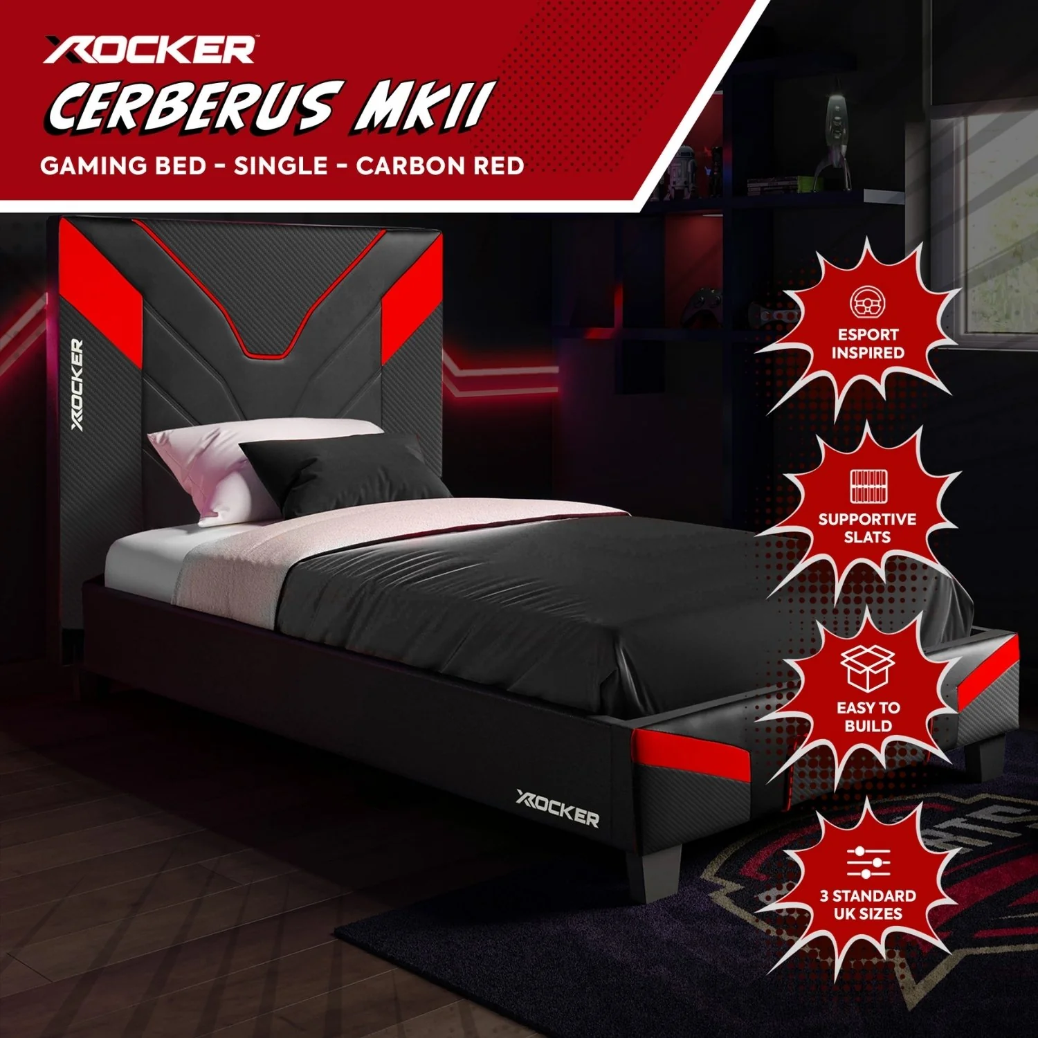 Cerberus MKII Gaming Bed in a Box - Carbon Red (3 Sizes)