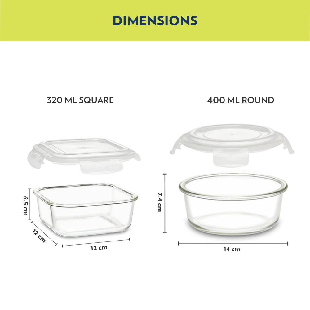 Steller Glass Lunch Box, 4 Pcs, Set of 4 (320ml x 2 + 400ml x 2)