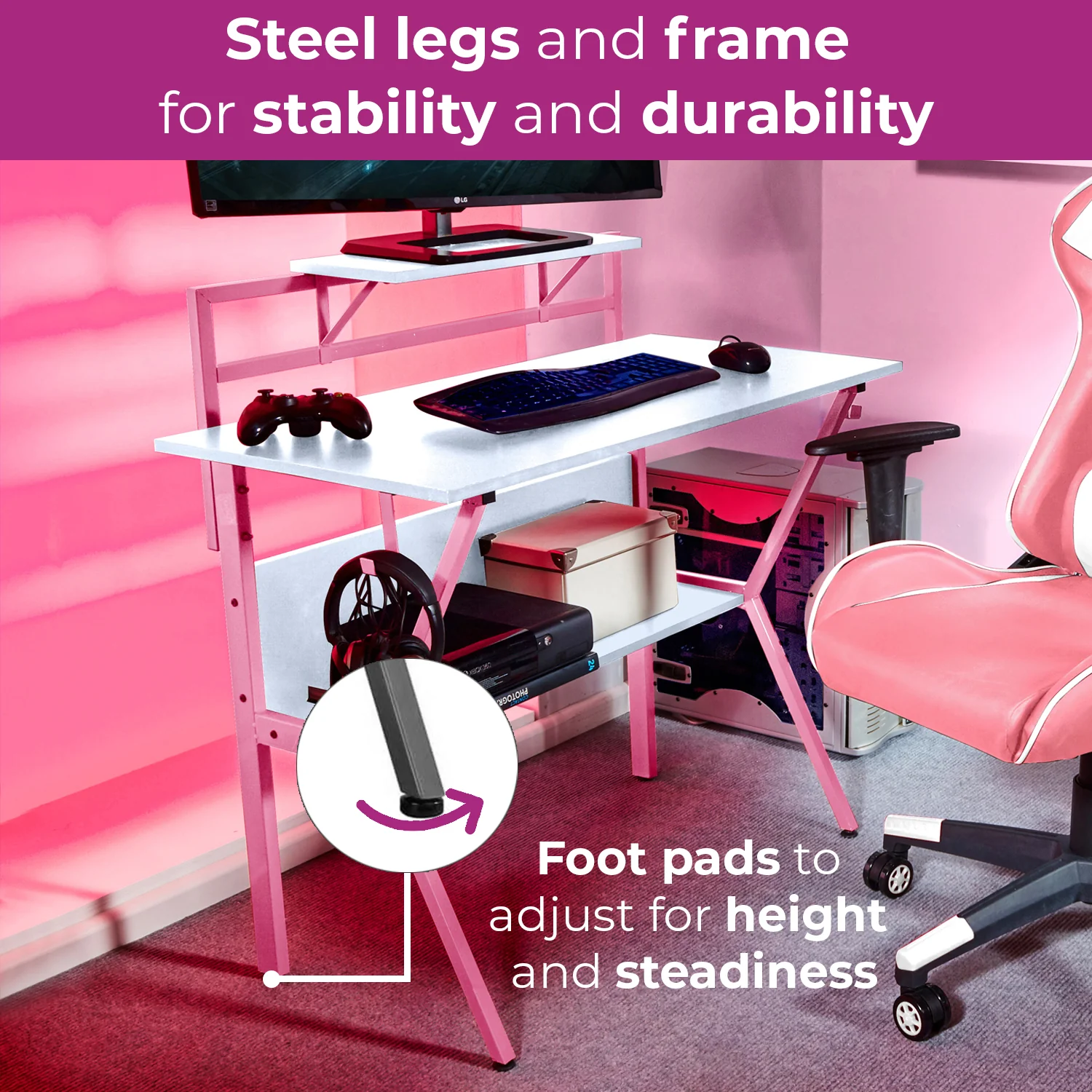 Neo Gaming Desk Pink Ergonomic 2 Tier