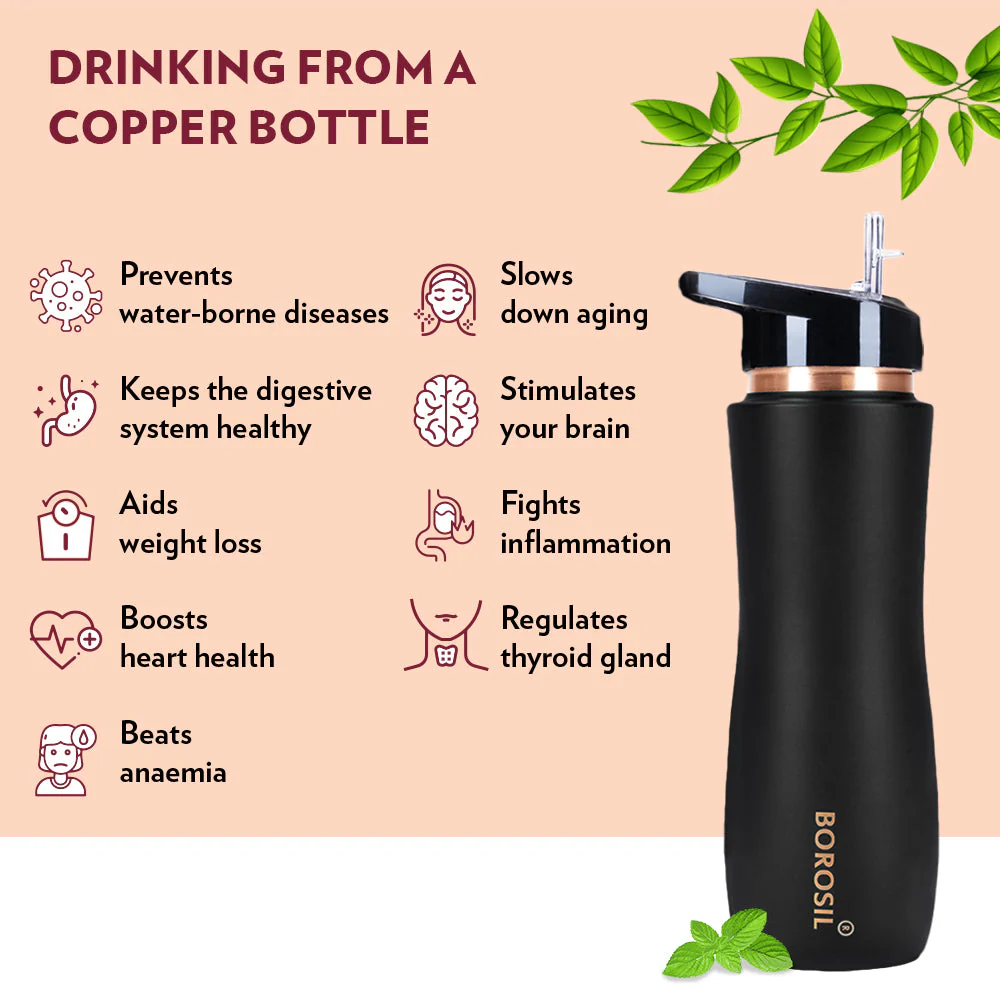 Borosil Sipper Copper Bottle, Black, 750ml