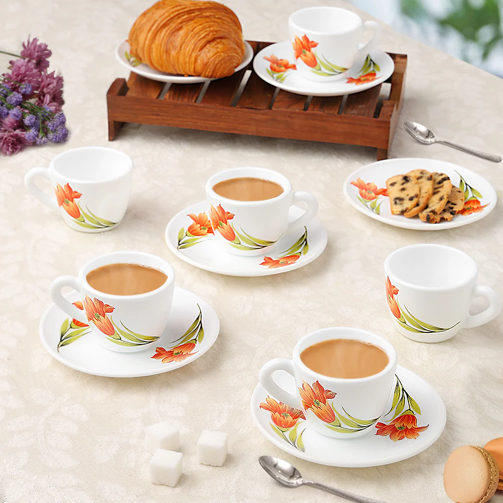 Larah by Borosil Red Iris Cup n Saucer Set, 90ml x 12