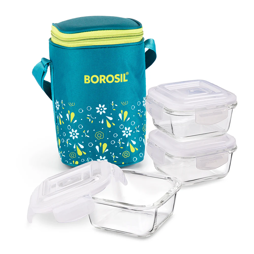 Borosil Grace Marine Glass Lunchbox, Square x 3