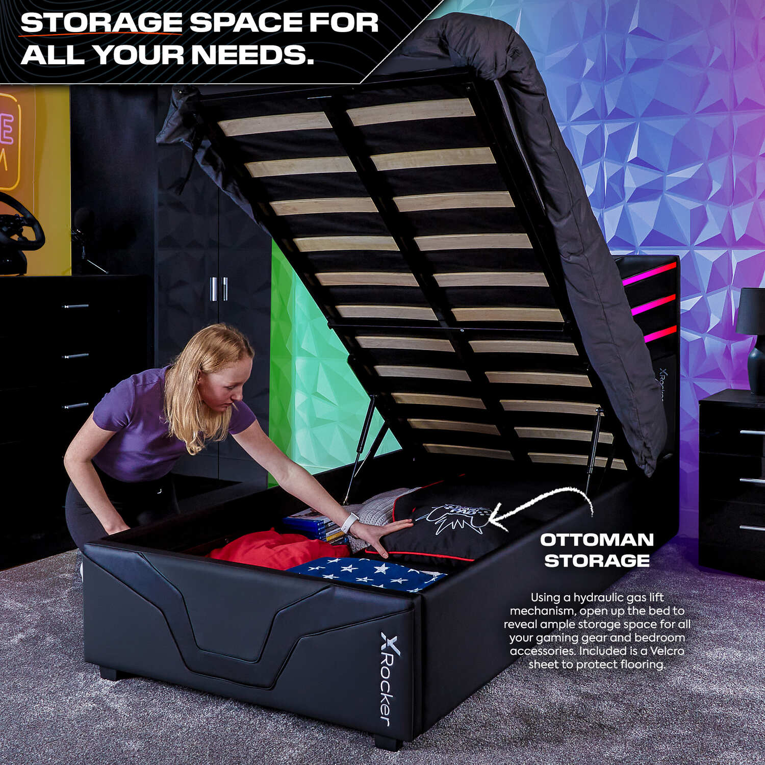 Cosmos LED Single Ottoman Gaming Bed - Black RGB