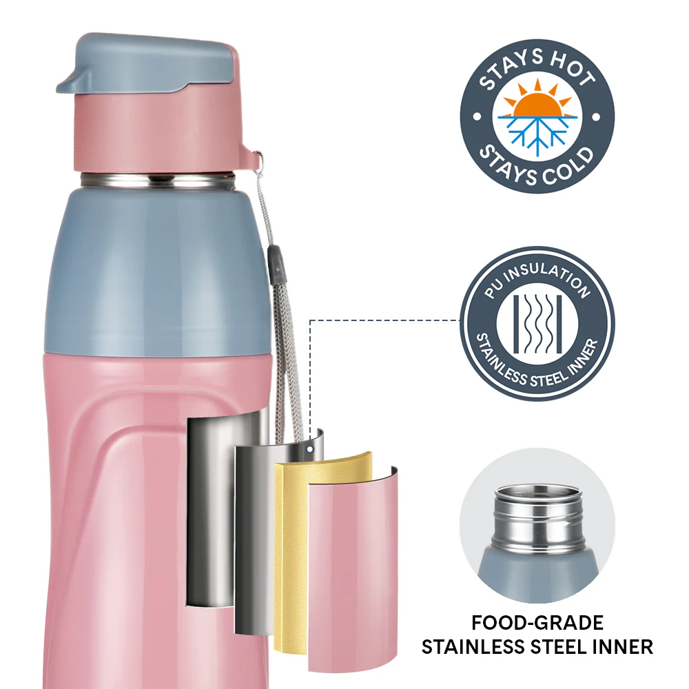 Larah Drift Round PU Thermoware Bottle, 650 ml, Pink