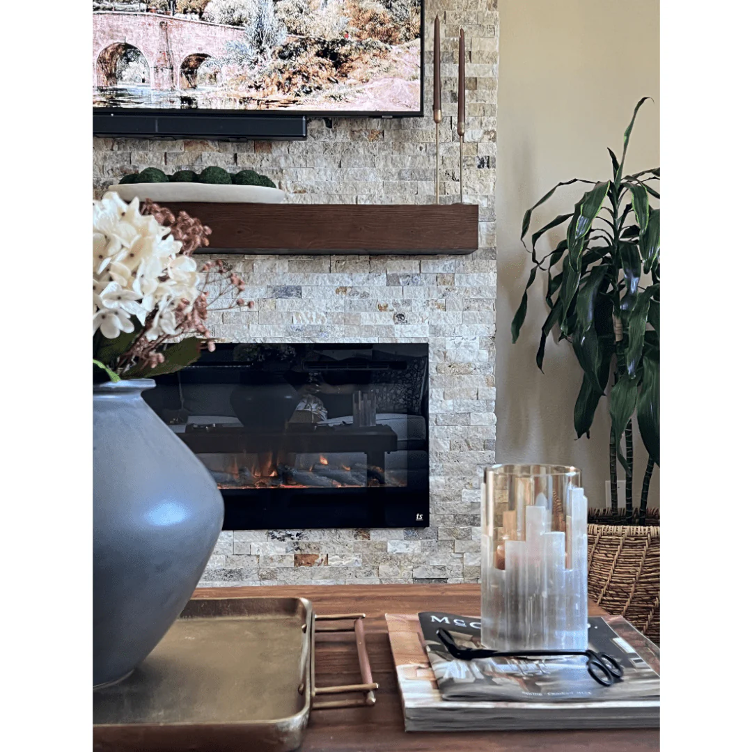 Encase Floating Espresso Electric Fireplace Wood Mantel