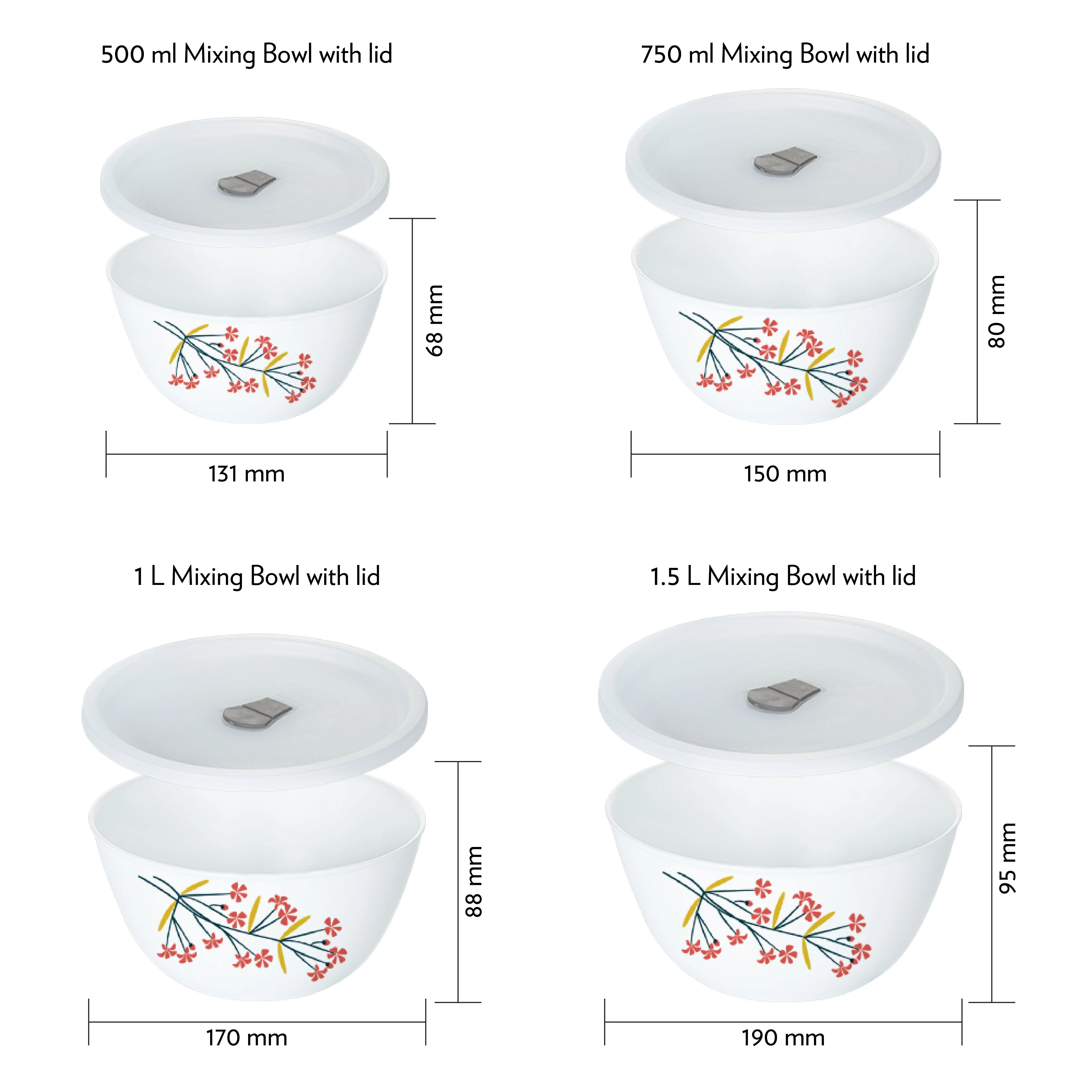 Larah by Borosil Red Bud 4 pc Mixing Bowl, 500 ml + 750 ml + 1 L + 1.5 L