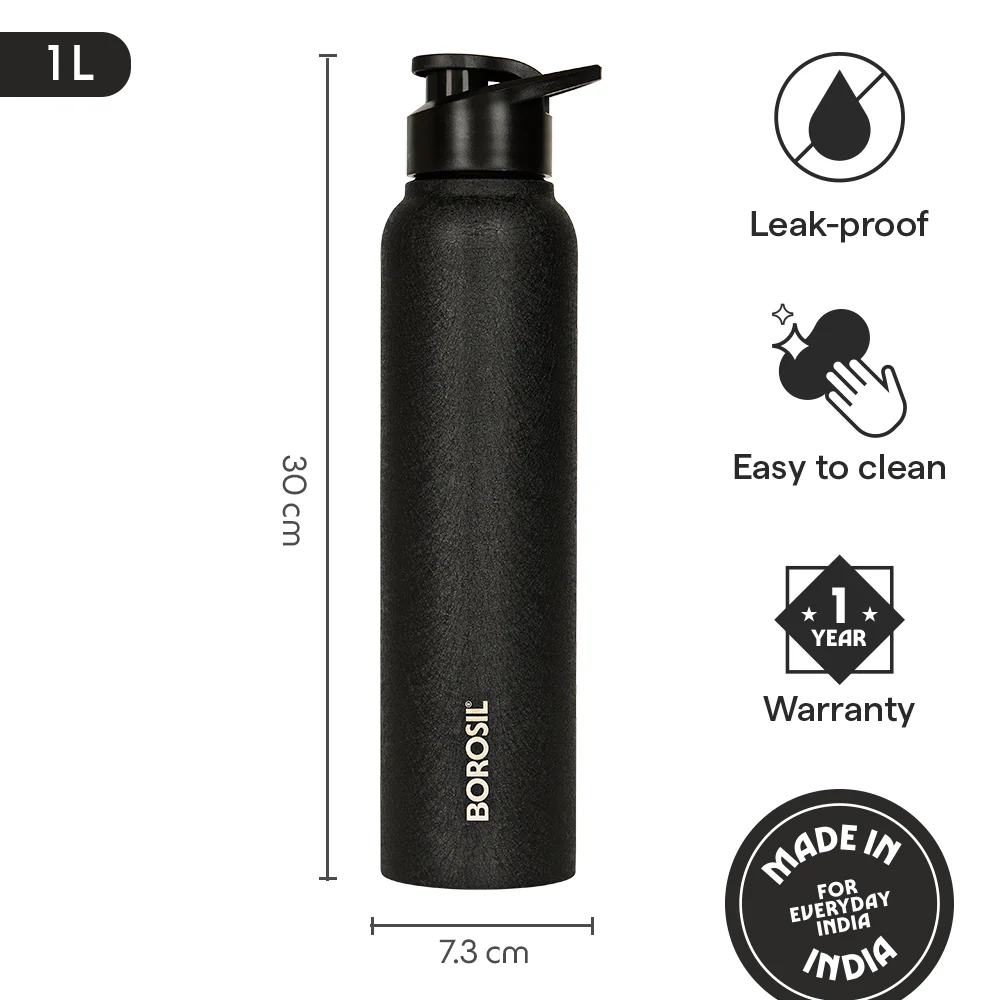 Borosil Cosmo SS Single Wall Bottle, Black, 1 L