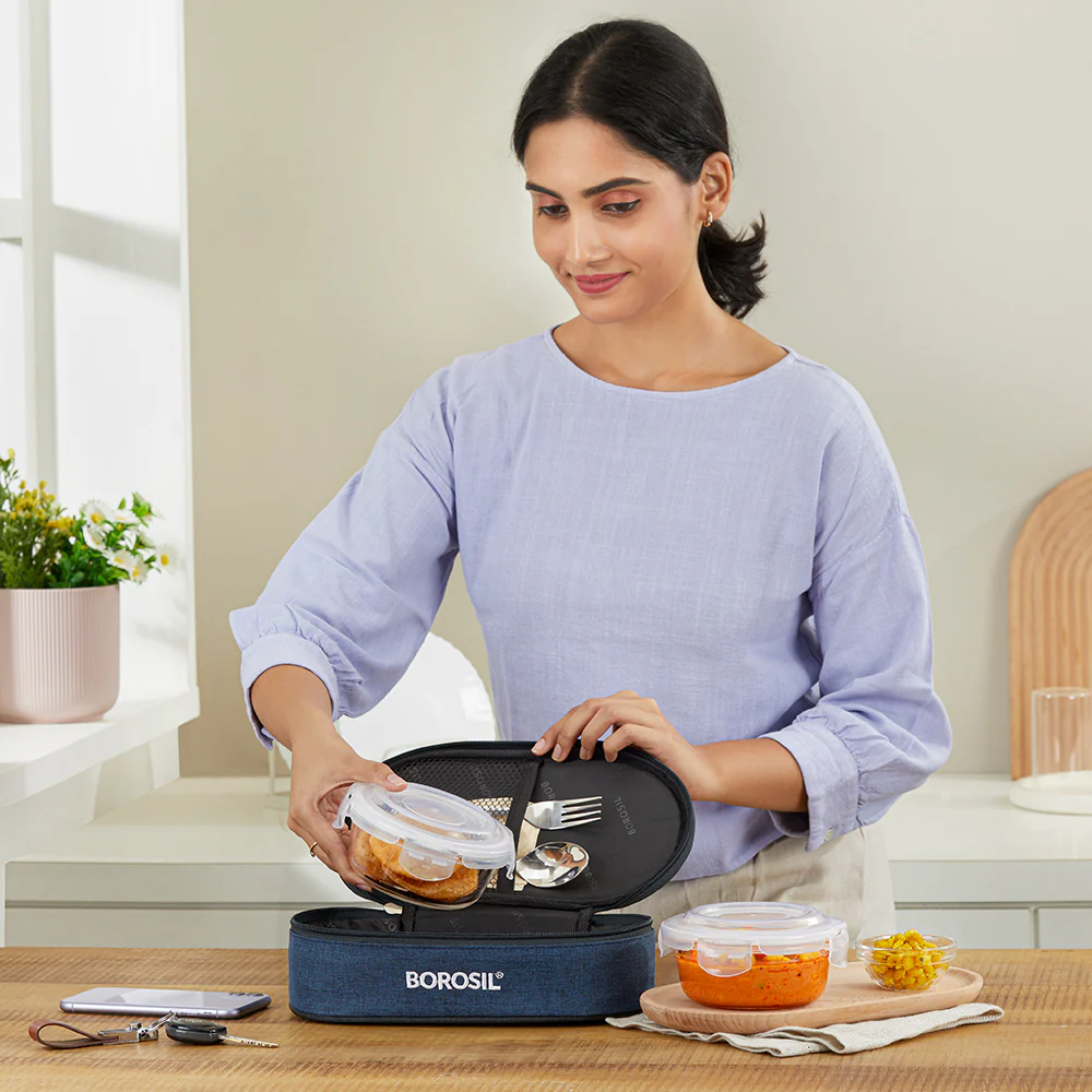 Elite Blue Grey Glass Lunch Box, Round x 2 (Flat), Set of 2, 400ml