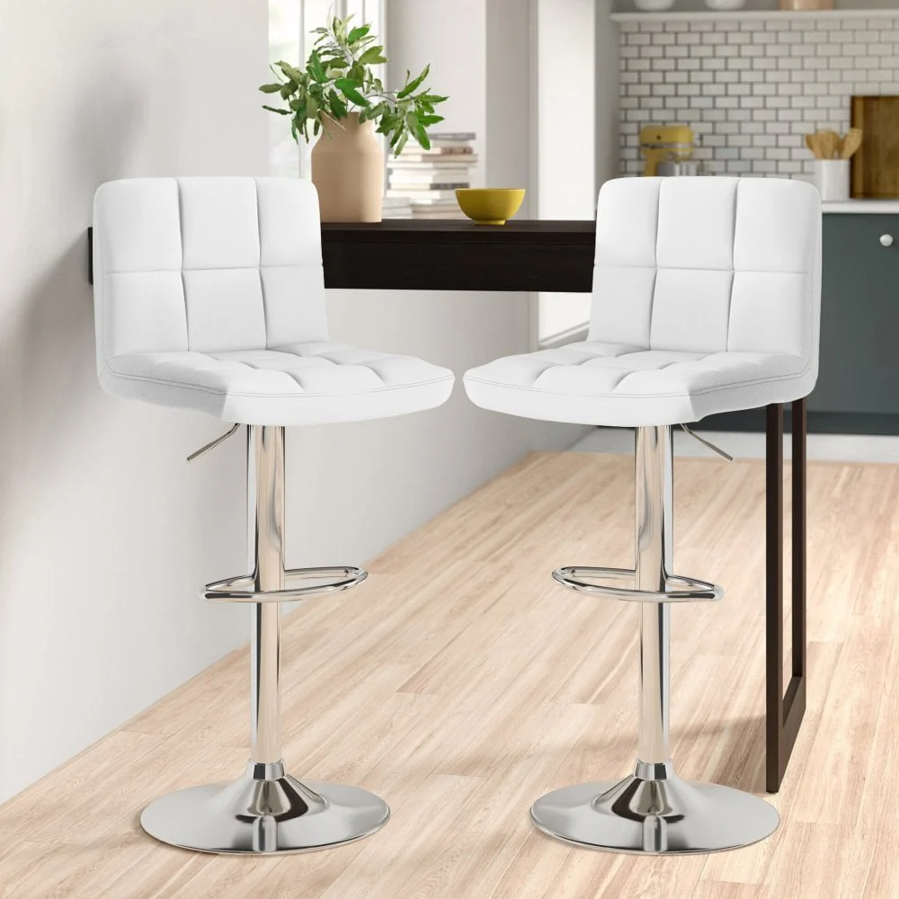 Neo Bar Stool White Faux Leather & Steel Base Set of Two