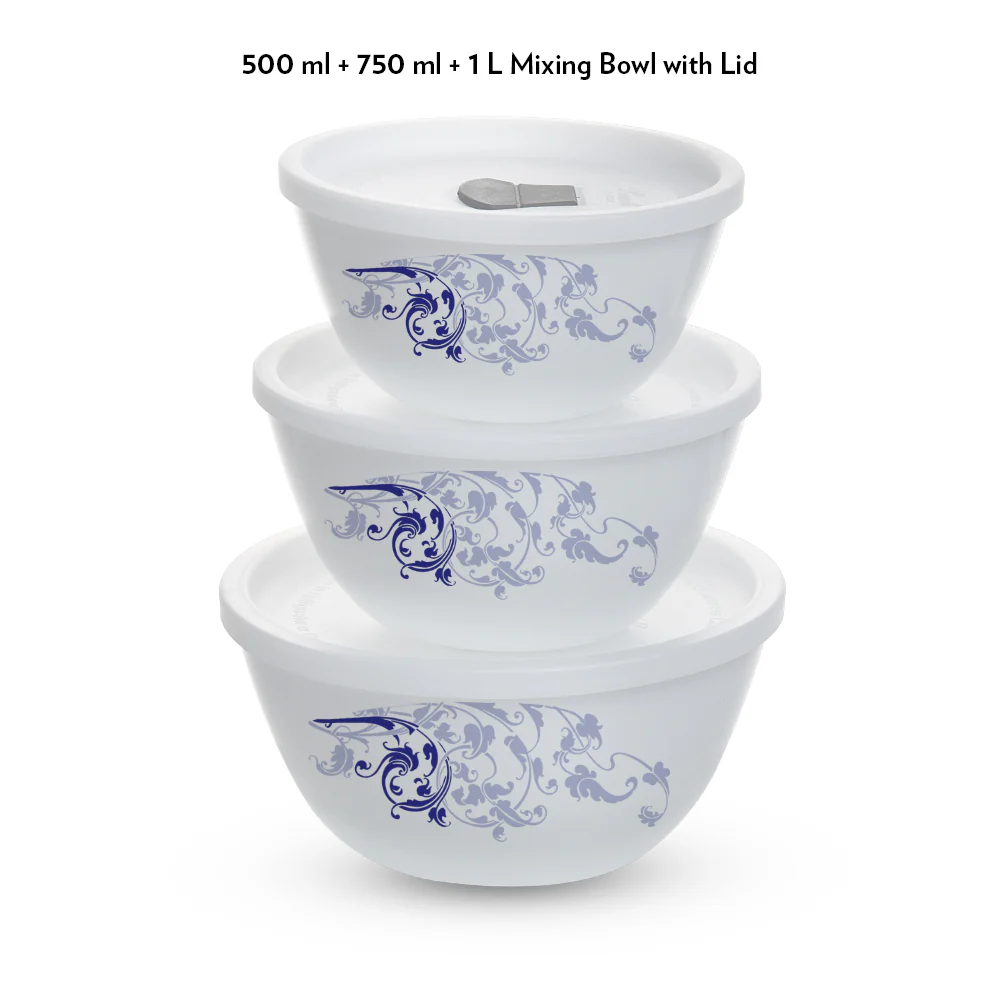 Larah by Borosil Blue Eve Mixing Bowl Set w Lid, 6 pc Set (500ml + 750ml + 1 L)