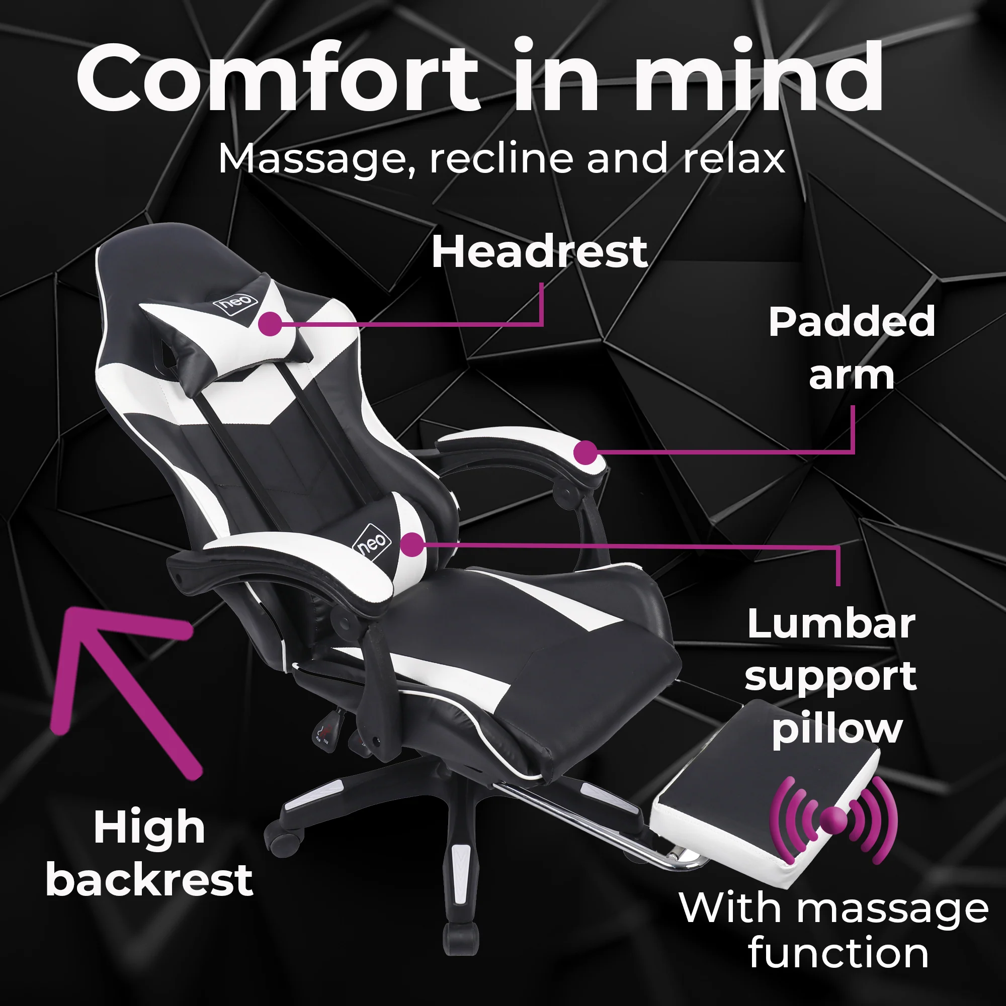 Neo Gaming Chair White & Black PU Leather with Footrest