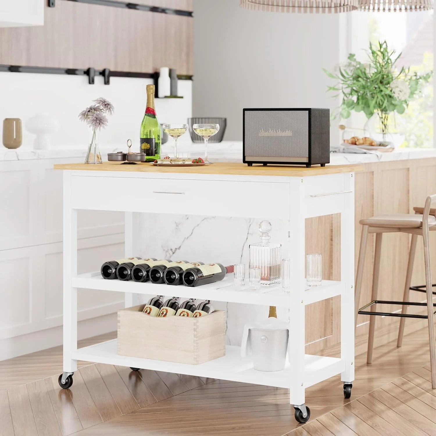 Small Kitchen Island on Wheels with 3-Tier Side Spice Rack and Rubber Wood Top