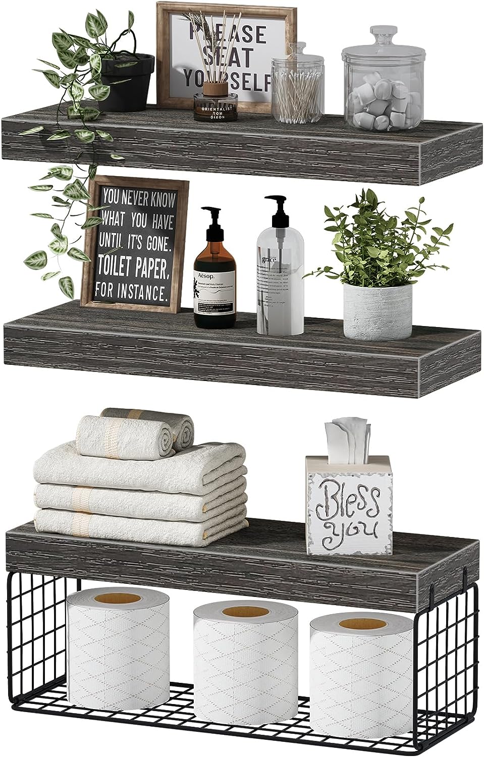 Bathroom Shelves Over Toilet Wall Mounted Floating Shelves Farmhouse Shelf Toilet Paper Holder Small 16-inch Set