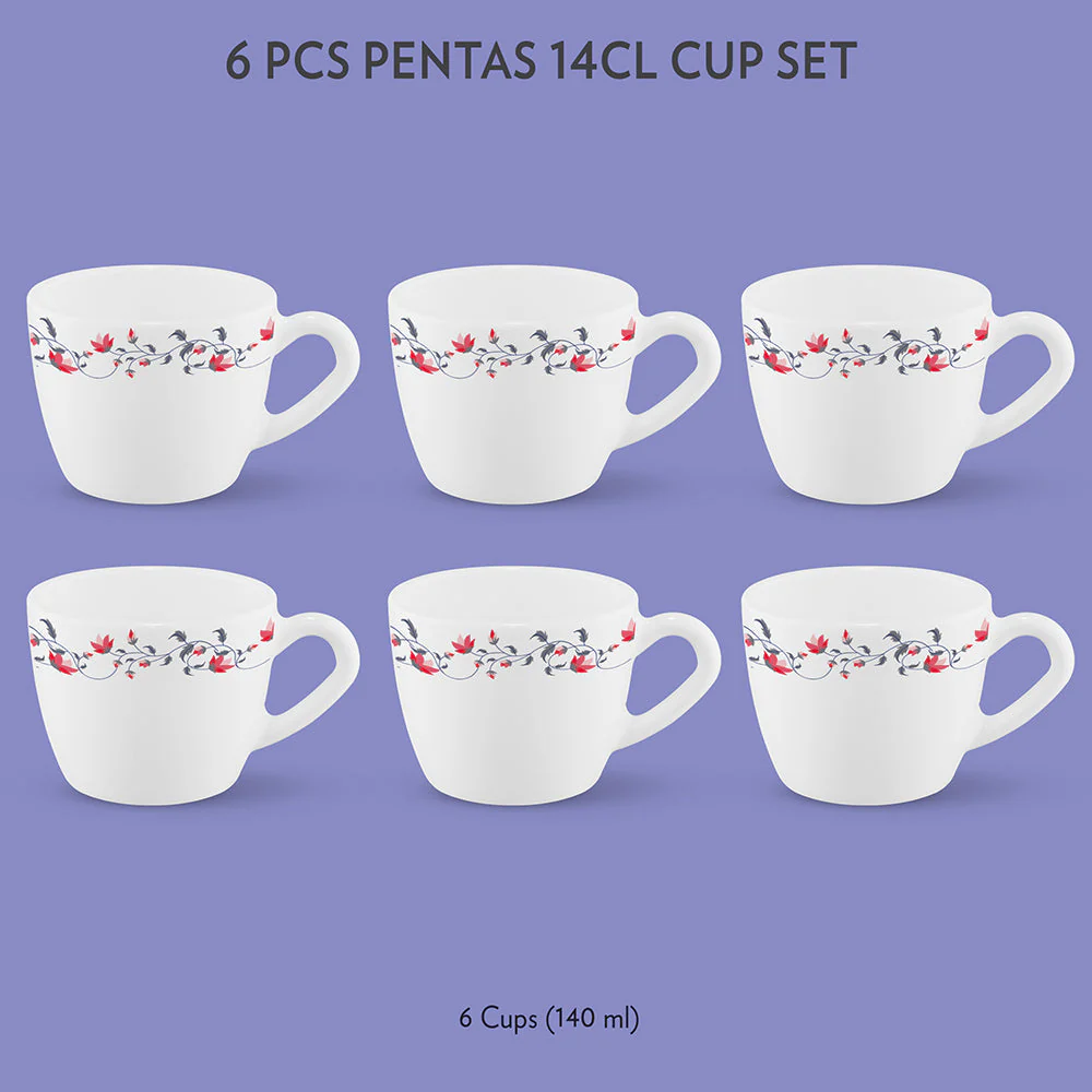 Larah by Borosil, Opalware, Microwave Safe, Pentas Cup n Saucer Set of 12, 140ml