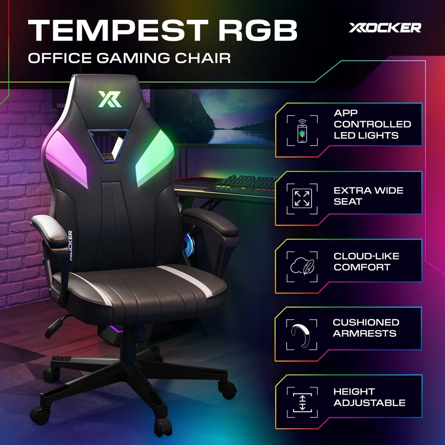 Tempest RGB Ergonomic PC Gaming Chair with LED Lights - Black