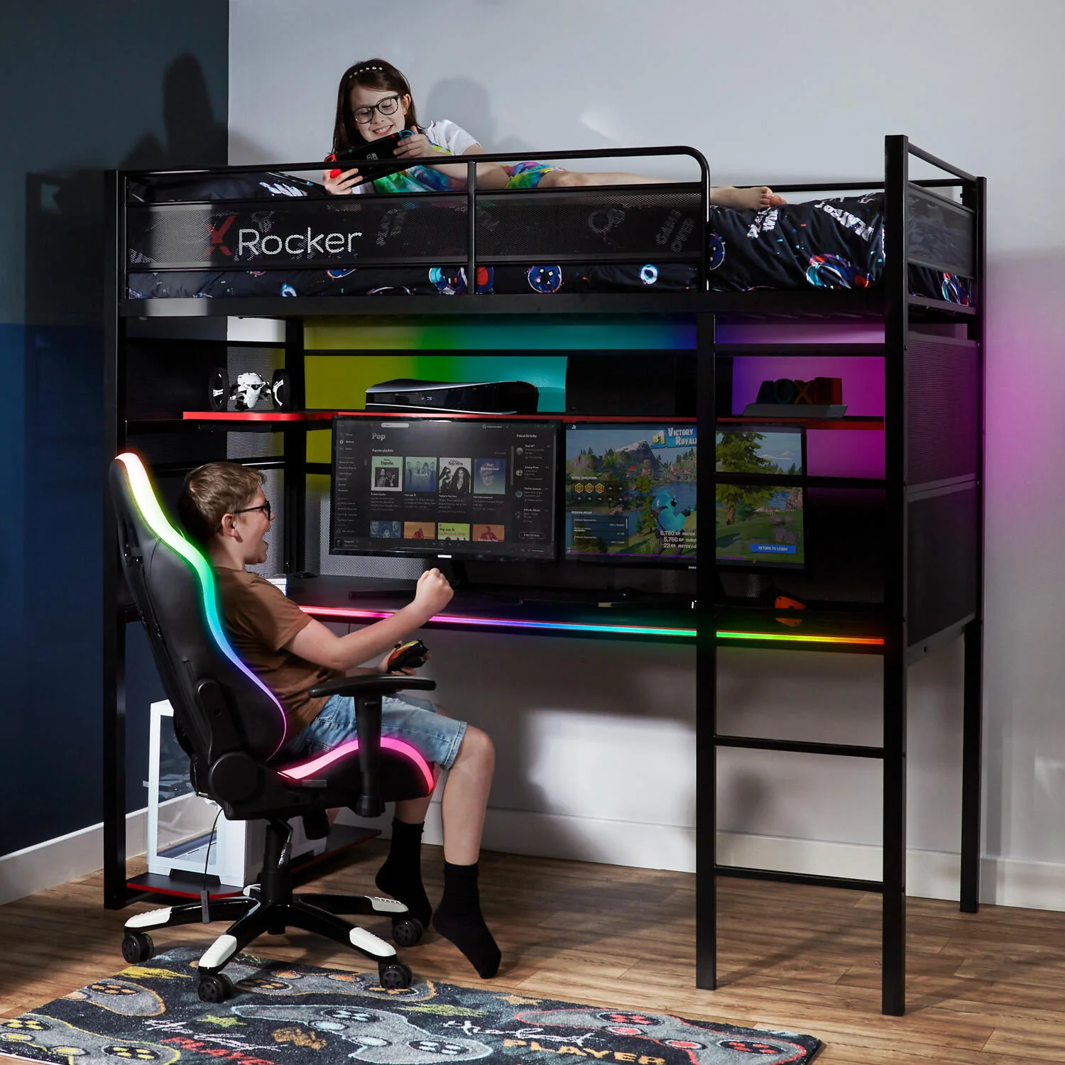 Battlebunk RGB LED High Sleeper Gaming Bunk Bed with Desk - Black