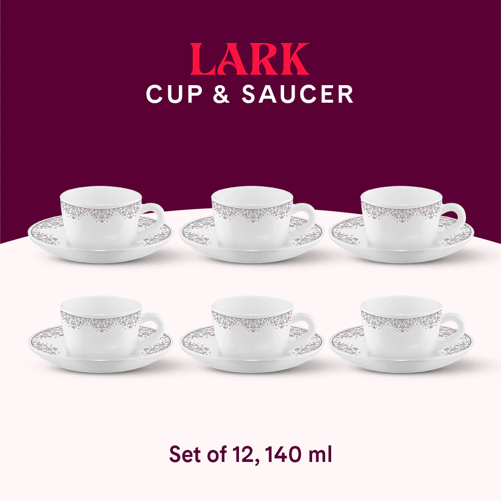 Larah by Borosil Lark Cup n Saucers Set, 140ml x 12