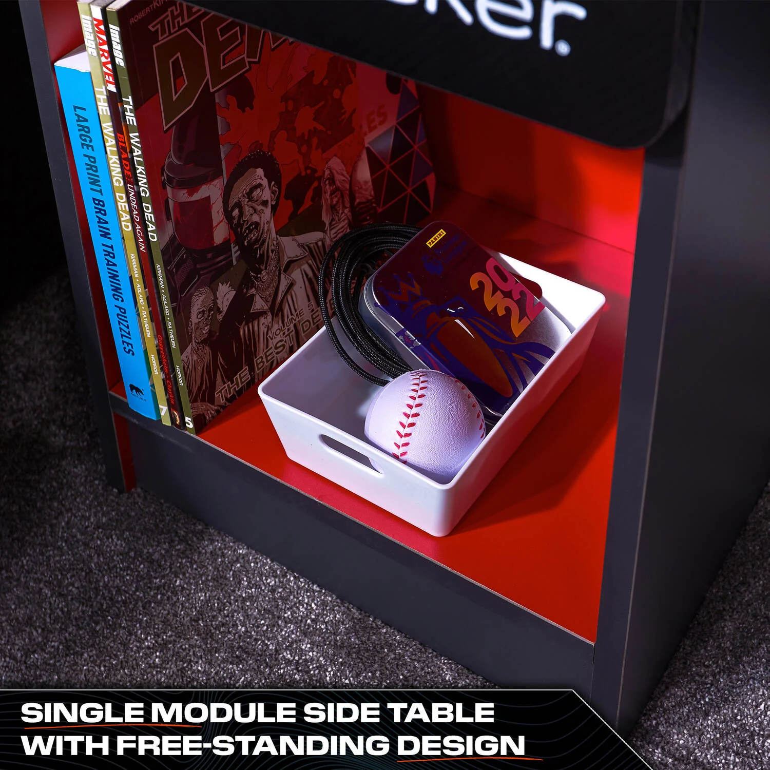 Carbon-Tek LED Bedside Side Table with Wireless Charging and Drawer - Grey / Red RGB