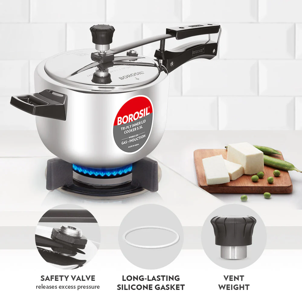 Borosil Inner Lid Tri-Ply Pressure Cooker, 3.5L