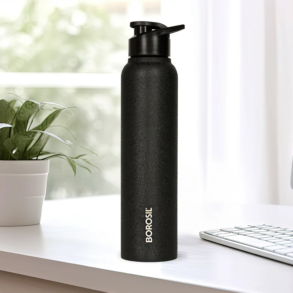 Borosil Cosmo SS Single Wall Bottle, Black, 1 L