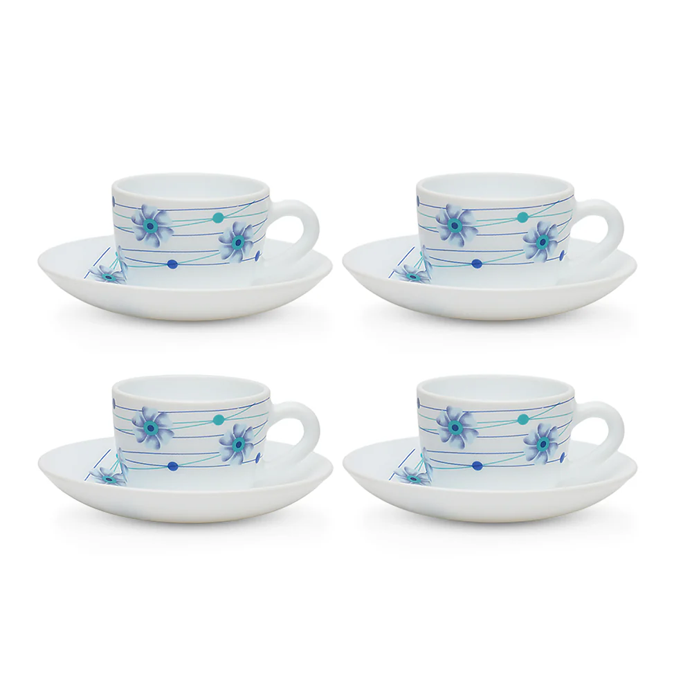 Larah by Borosil Bluebell Cup n Saucer Set, 140ml x 8