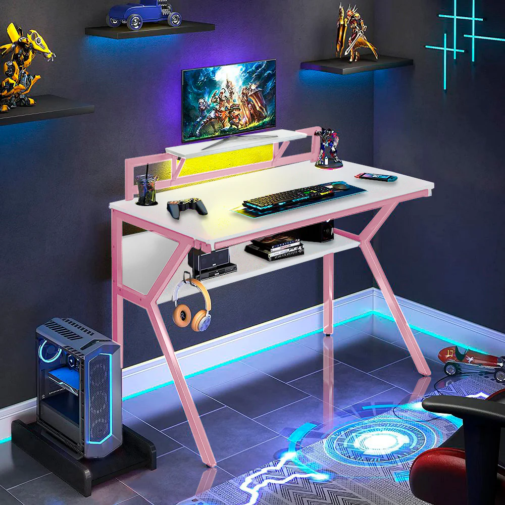 Neo Gaming Desk Pink Ergonomic 2 Tier