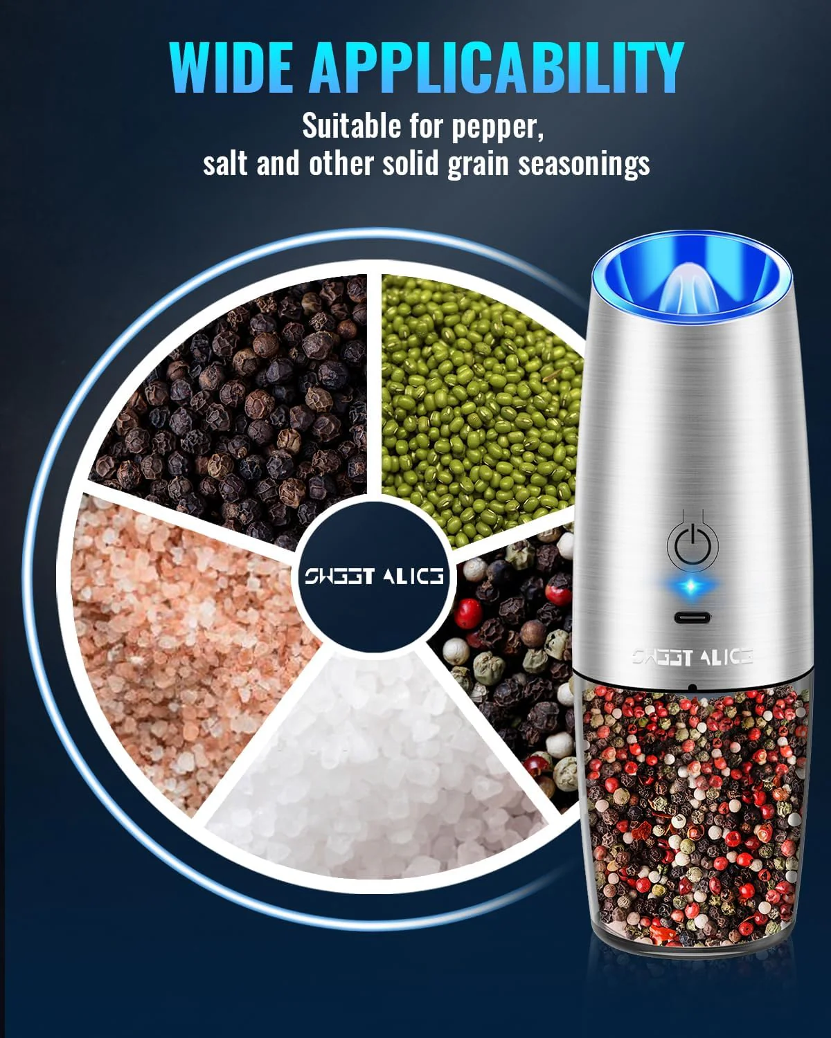 Electric Salt & Pepper Grinder Set, Adjustable Coarseness, LED, One-Hand Use, Stainless Steel 2-Pack