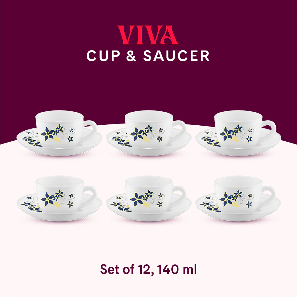 Larah by Borosil Viva Cup n Saucer Set, 140ml x 12