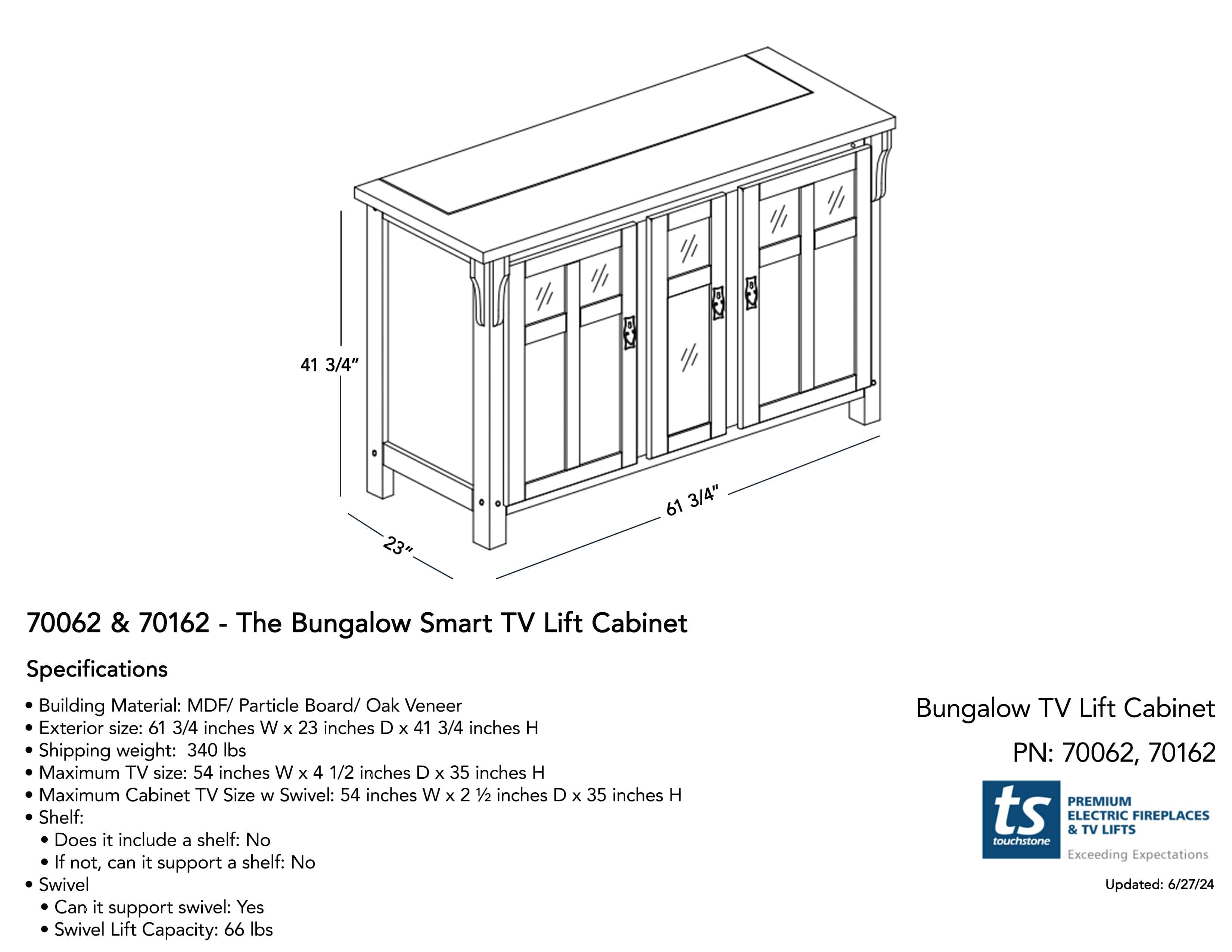 The Bungalow 70062 Smart TV Lift Cabinet for 60 Inch Flat screen TVs