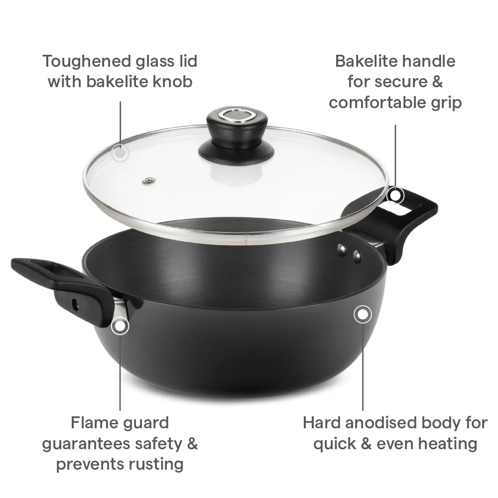 Hard Anodized Induction Base Deep Kadhai W Glass Lid, 24 cm / 3L