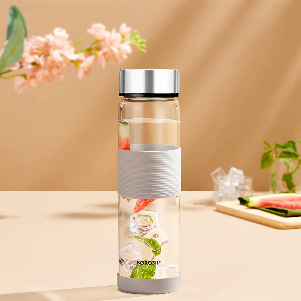 Neo Clear Glass Bottle Wide Mouth w Grey Silicon Grip