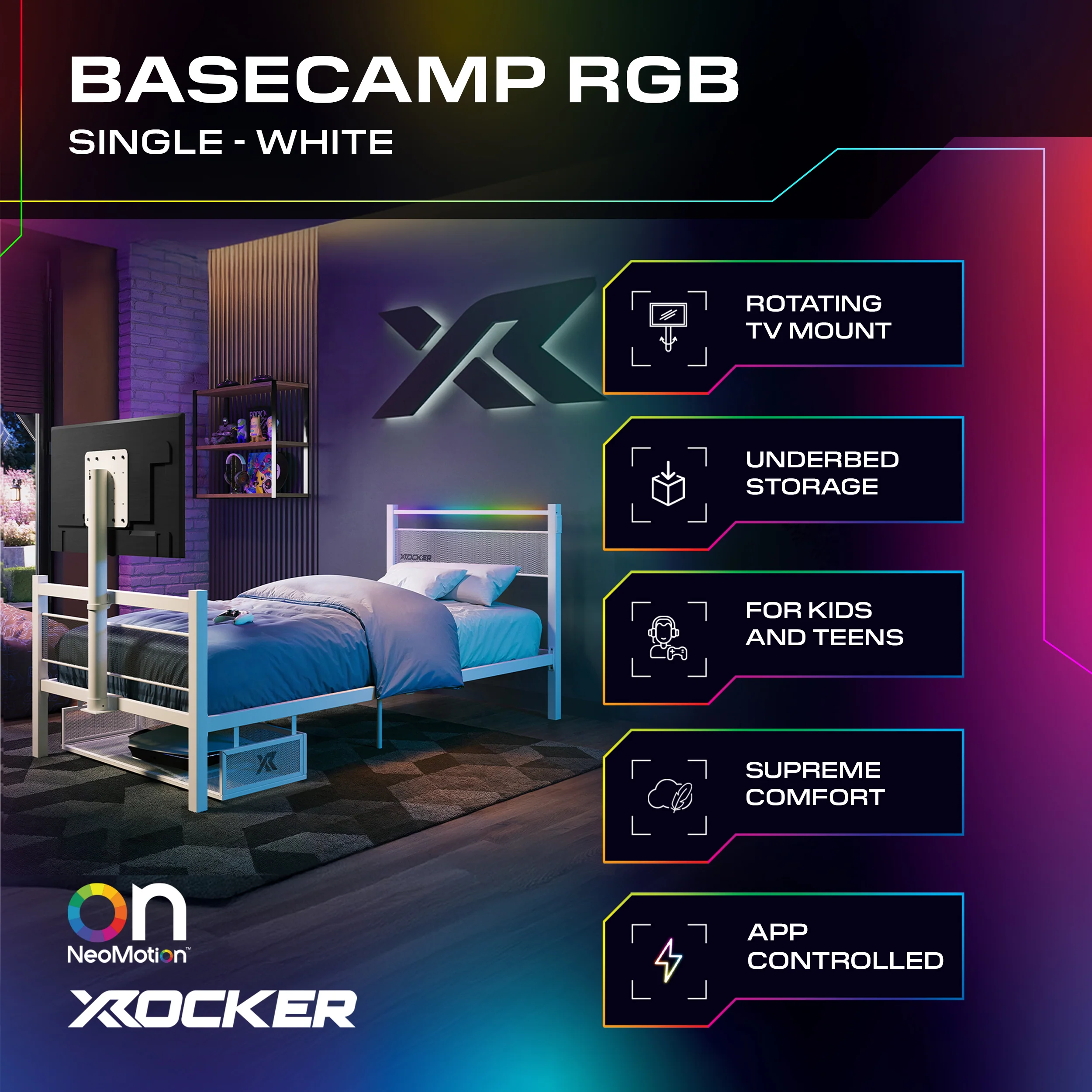 Basecamp RGB Single LED Gaming TV Bed - White