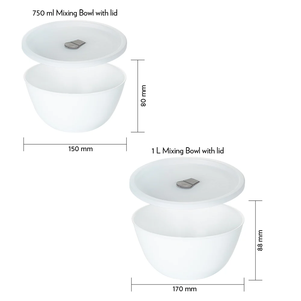 Larah by Borosil Snow Mixing Bowl w Lid, Set of 2, 1L + 750ml