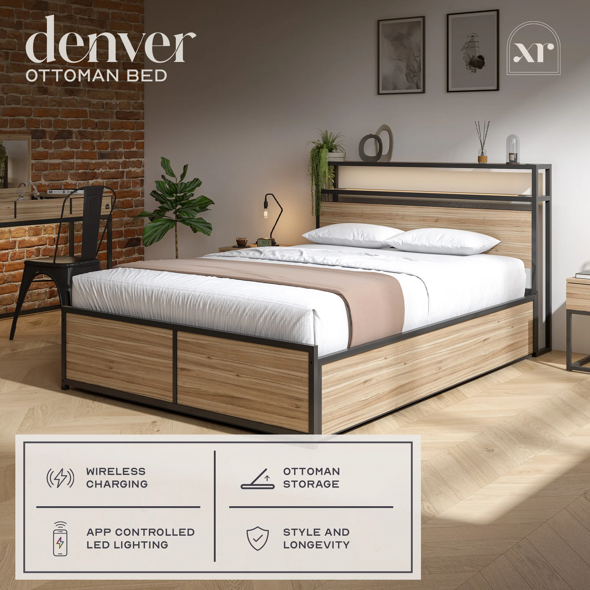 Denver King Ottoman Bed With App Controlled LED Lighting - Oak/Black