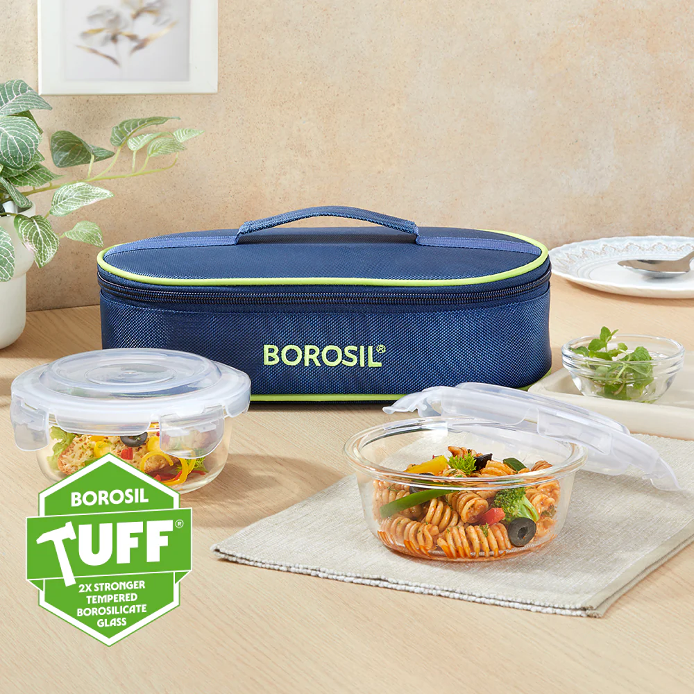 Borosil Blue Glass Lunchbox, Round x 2 (Flat), 400ml x 2