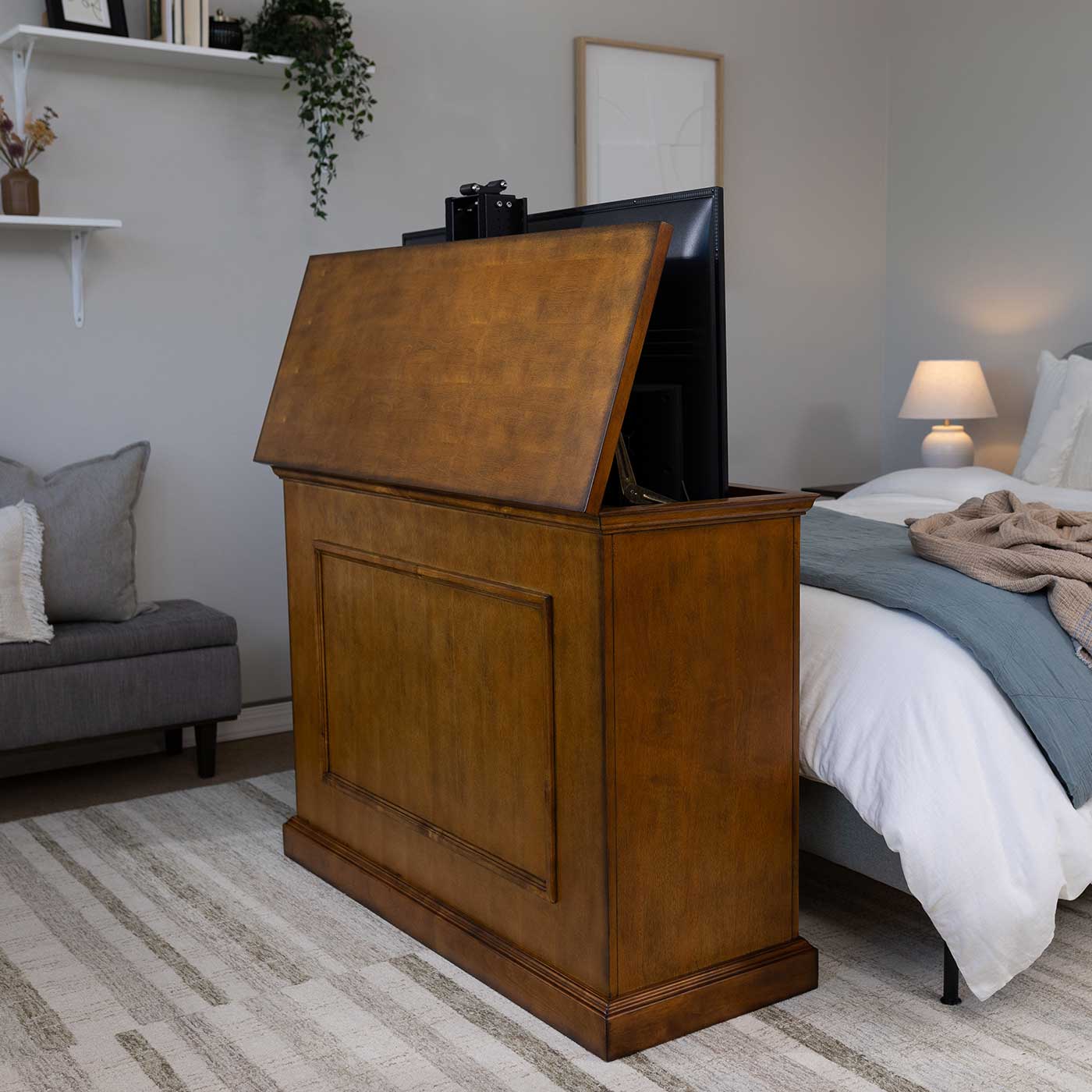 The Elevate 72009 Honey Oak Smart TV Lift Cabinet for 50 Inch Flat screen TVs